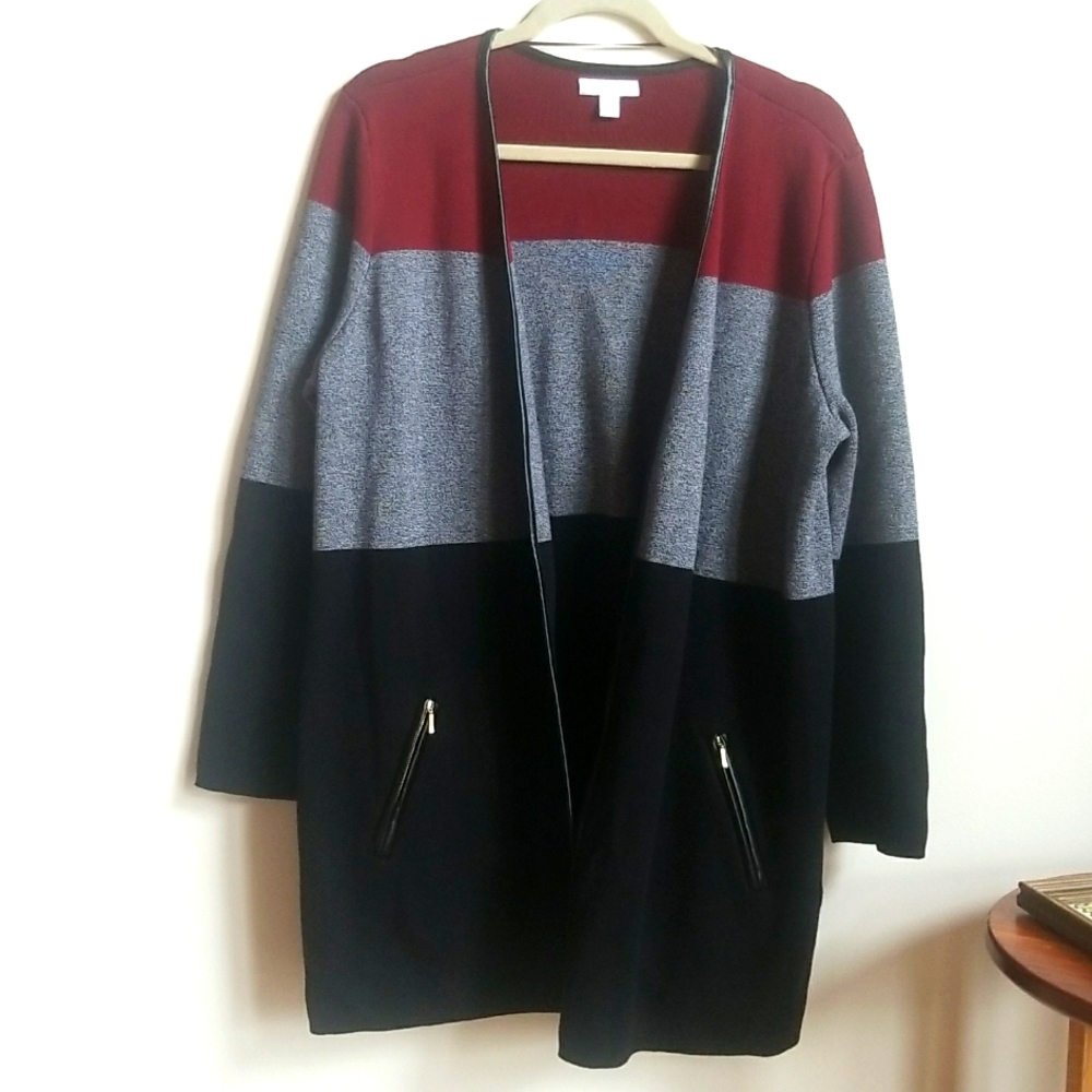 Charter club TRIO BLOCK colored cardigan with faux leather trim